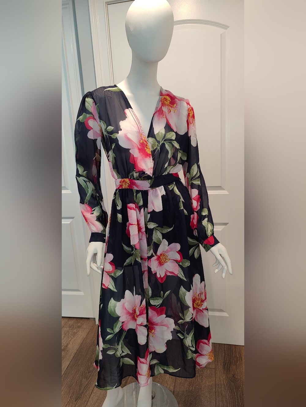 Sheer Black Floral Dress with Pink & Green Blooms